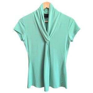 Premise Jade Green Tie Neck Short Sleeve Blouse with Ruching at Back of the Neck
